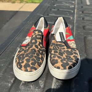 Steve Madden Red and Black Floral Slip-On Sneakers.
